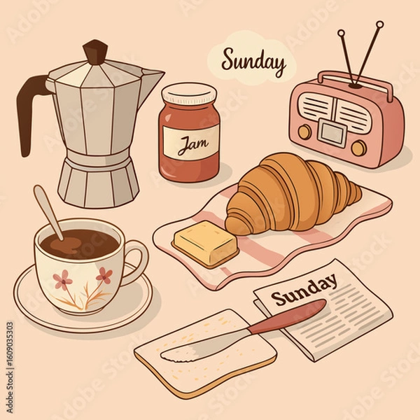 Fototapeta Cozy Sunday breakfast vector illustration with croissant, coffee, moka pot, butter, jam, radio, and newspaper. Warm vintage style perfect for weekend morning vibes and design projects.