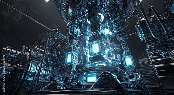 Obraz Futuristic Industrial Core: High-Tech Machinery with Glowing Blue Energy and Intricate Design