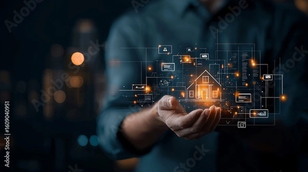 Obraz Digital home management solutions urban setting graphic visualization modern technology close-up view innovation in real estate