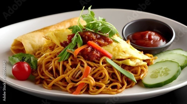 Fototapeta  Malaysian Fried Noodles with Egg and Sambal Sauce