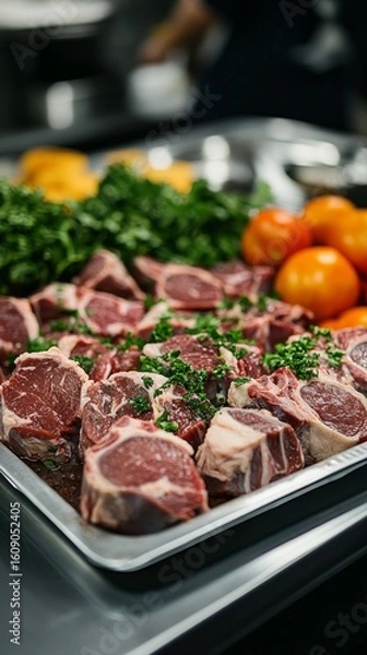 Fototapeta Fresh meat, sliced and seasoned with herbs, ready to be cooked in a professional kitchen. Culinary websites, advertising of meat products.