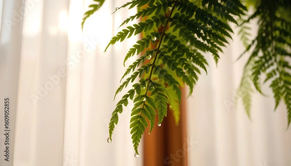 Fototapeta Close-up of hanging fern leaves with water droplets, soft backlight filtering through sheer curtains, photorealistic focus on texture 2