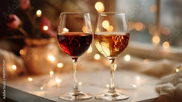 Fototapeta Two wine glasses with red and amber wine on white surface soft indoor lighting cozy elegant atmosphere