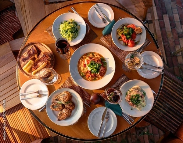 Obraz Generated image
テーブルに並べられた料理