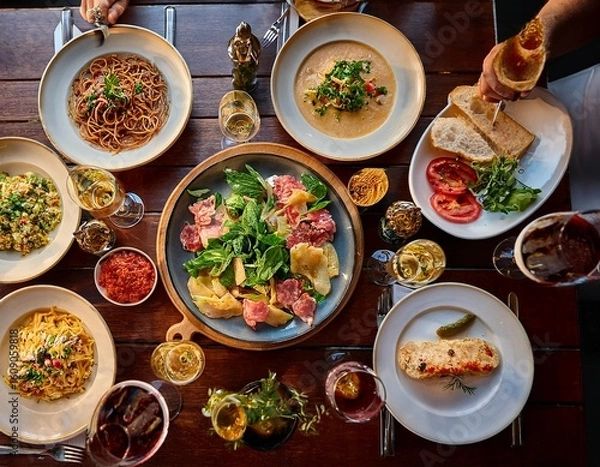 Obraz Generated image
テーブルに並べられた料理
