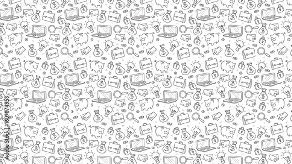 Fototapeta Seamless pattern with hand drawn business and finance elements in black and white style design