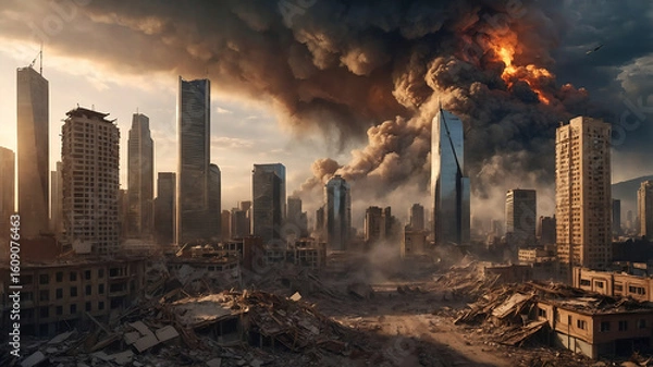 Fototapeta A dramatic post-apocalyptic urban scene featuring a devastated city engulfed in fire and thick smoke. Collapsed skyscrapers, rubble, and a dark, ominous sky convey the aftermath of a catastrophic even