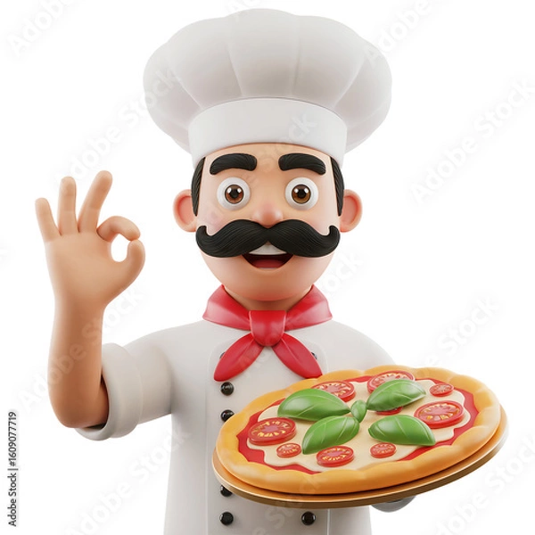 Obraz Cartoon Italian Chef Holding Pizza and Showing Okay Gesture isolated on a transparent background