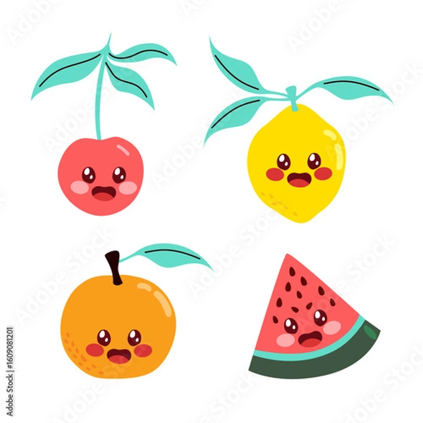 Fototapeta Cartoon vector set featuring adorable fruit characters: orange, cherry, lemon, and watermelon slice. Illustration for kids products, branding and healthy eating campaigns