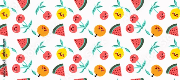 Fototapeta Seamless cartoon horizontal pattern featuring orange, cherries, lemon, and watermelon slice. Design element for banners, product packaging and fabric print