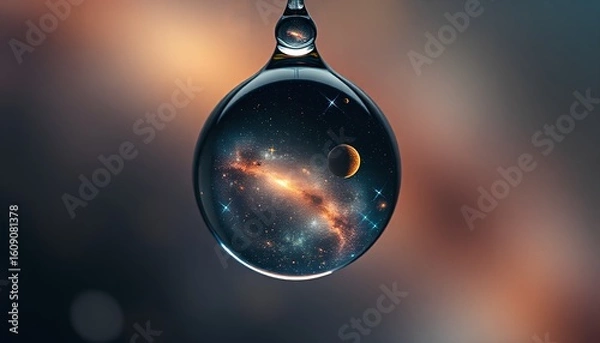 Fototapeta Detailed reflection of celestial bodies in a hanging water droplet.