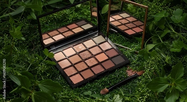 Fototapeta Open Eyeshadow Palette on White Surface with Green Leaves and White Flowers – 12 Natural Makeup Shades