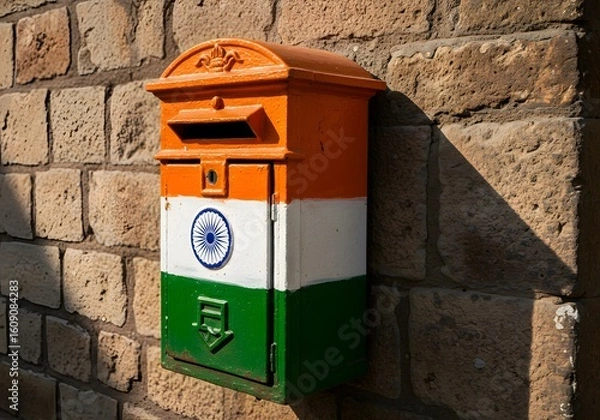 Obraz Independence day india photo of an oldfashioned mailbox, painted in the colors of the indian flag with the ashoka chakra emblem, stands against a textured brick wall, representing national pride and c