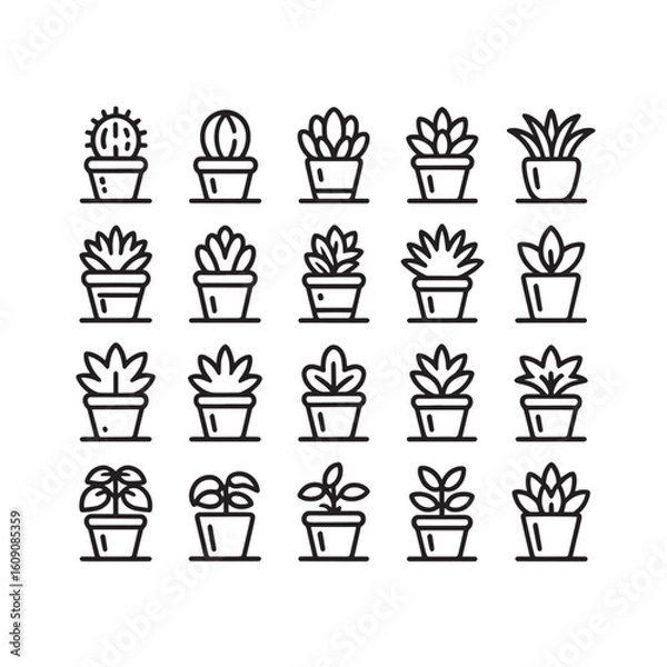 Fototapeta Vector art of a diverse collection of potted succulent and cactus plant icons in a minimalist line art style