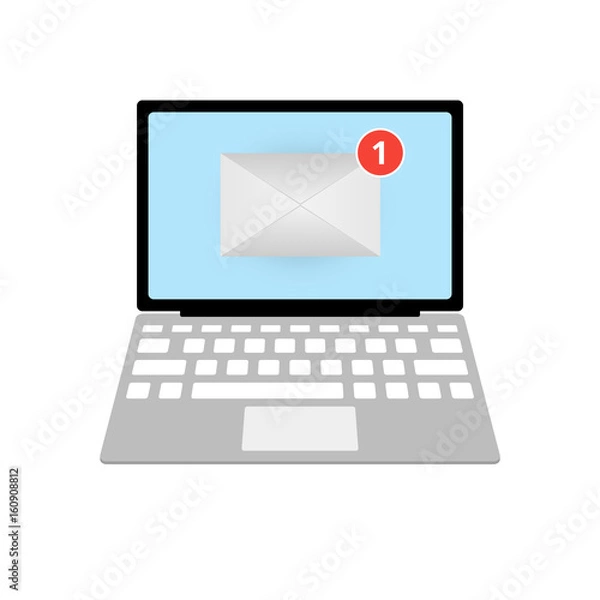 Fototapeta Open a laptop. One new letter on the display. Flat style. Vector illustration, isolated on white background