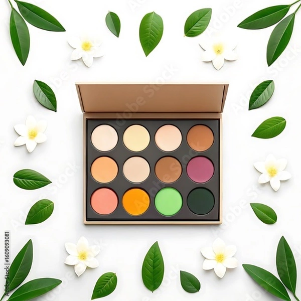 Fototapeta Open Eyeshadow Palette with Vibrant Colors Surrounded by Green Leaves and White Flowers – Beauty and Nature Fusion Image
