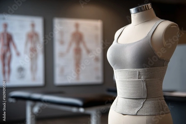 Fototapeta Mannequin displaying a back brace and athletic wear in a medical setting