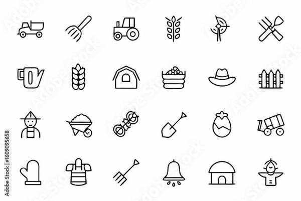 Fototapeta A clean and practical set of minimalist line icons representing core elements of agriculture. Ideal for farm websites, agri-blogs, eco-packaging, and infographics