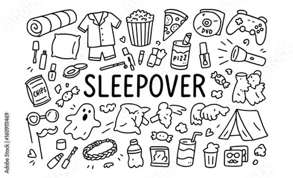 Fototapeta Sleepover fun doodles: pajamas, snacks, and games in simple black and white style