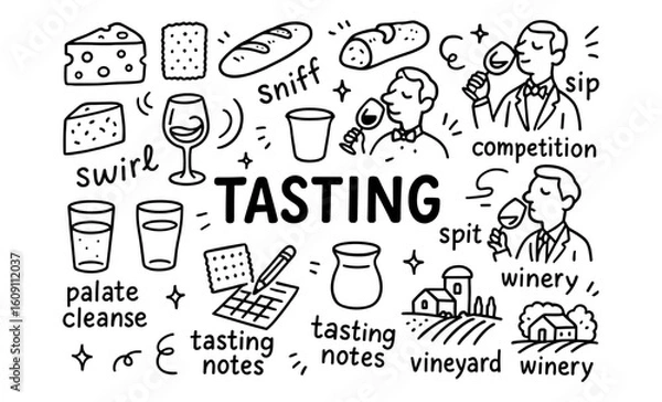 Fototapeta Wine tasting experience: tips and techniques illustrated in doodle style