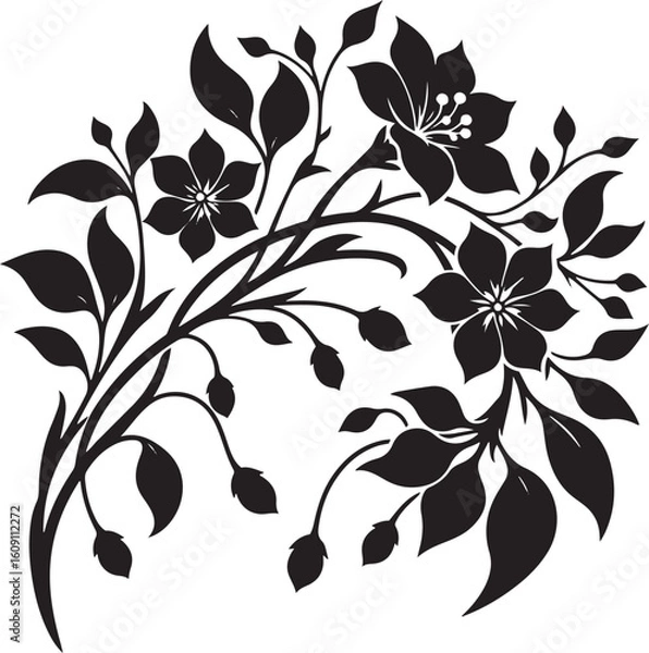 Fototapeta A seamless black and white floral pattern with intricate flower, leaf, and swirl elements for elegant vector art, perfect for wallpaper or tattoo designs