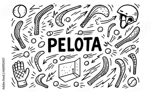 Fototapeta Hand-drawn pelota elements with bats, balls, and helmet for sports design