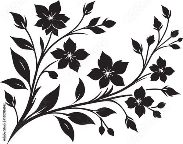 Fototapeta A seamless black and white floral pattern with intricate flower, leaf, and swirl elements for elegant vector art, perfect for wallpaper or tattoo designs