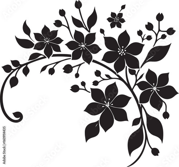 Fototapeta A seamless black and white floral pattern with intricate flower, leaf, and swirl elements for elegant vector art, perfect for wallpaper or tattoo designs