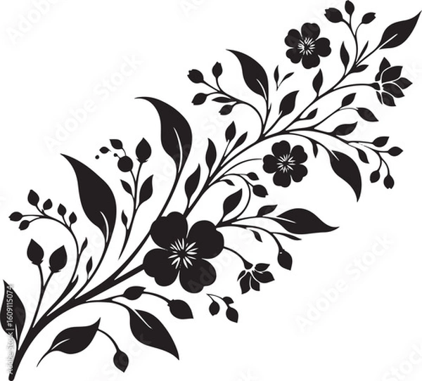 Fototapeta A seamless black and white floral pattern with intricate flower, leaf, and swirl elements for elegant vector art, perfect for wallpaper or tattoo designs