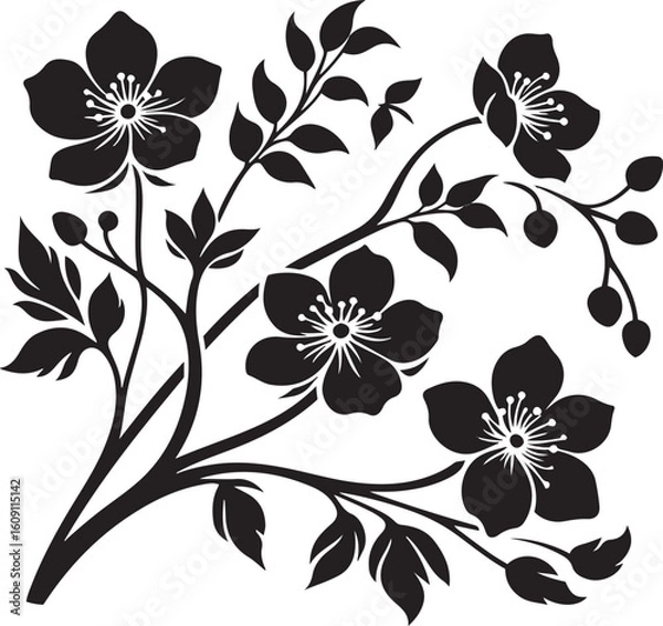 Fototapeta A seamless black and white floral pattern with intricate flower, leaf, and swirl elements for elegant vector art, perfect for wallpaper or tattoo designs