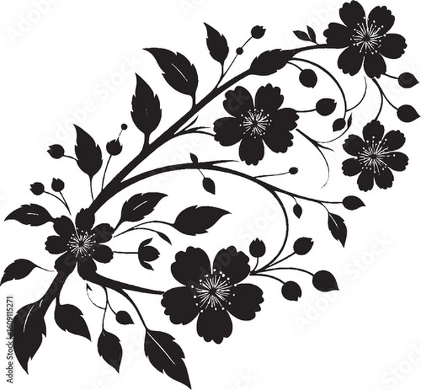 Fototapeta A seamless black and white floral pattern with intricate flower, leaf, and swirl elements for elegant vector art, perfect for wallpaper or tattoo designs