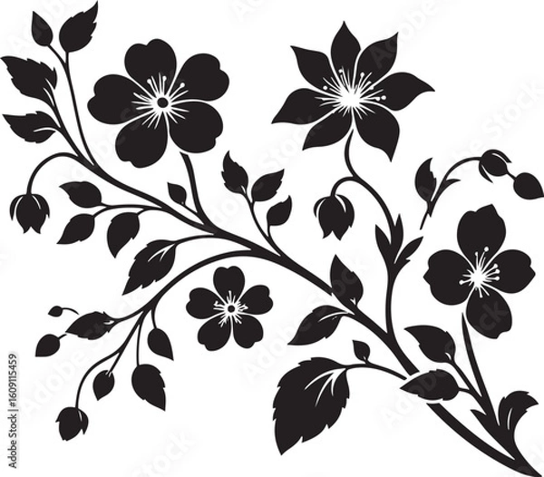 Fototapeta A seamless black and white floral pattern with intricate flower, leaf, and swirl elements for elegant vector art, perfect for wallpaper or tattoo designs