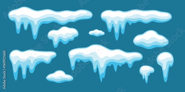 Obraz Snow and ice with winter frost in cartoon cap illustrations and frozen elements. Seasonal drip graphics for Christmas  holiday design or blue sticker use. Ideal for cold icons.