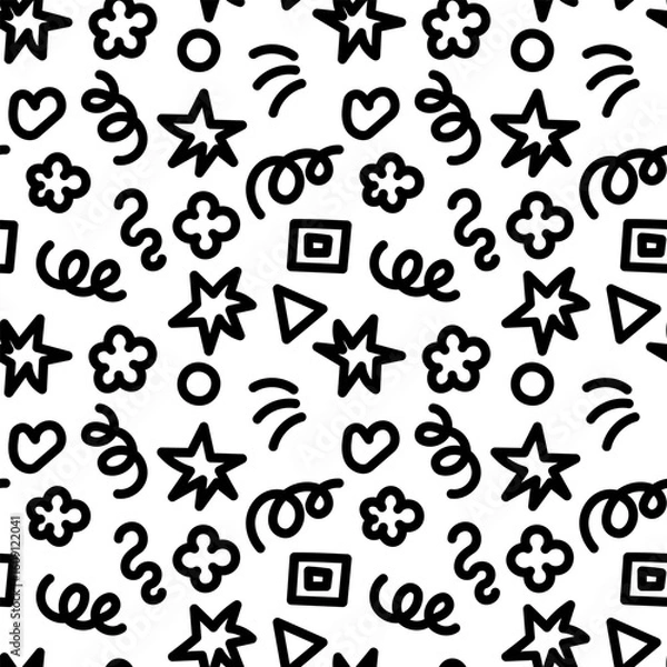Fototapeta Minimal black and white Memphis pattern with doodle shapes