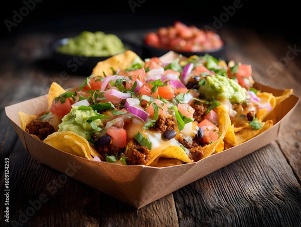 Fototapeta cheesy loaded nachos with salsa and guacamole in a brown paper food box.