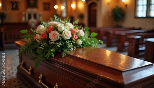 Fototapeta Wooden coffin with white, pink, and peach roses in a softly lit chapel with pews. A solemn funeral scene evoking respect and remembrance. Memorial mourning, and ceremonial themes.
