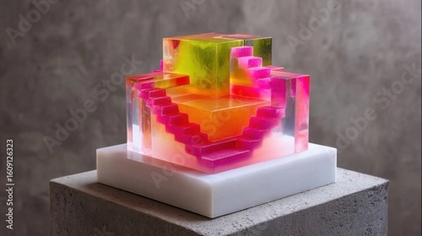 Fototapeta Cube of jelly with internal staircases, suspended on pedestal, vibrant and architectural dessert design