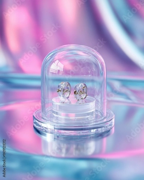 Fototapeta Pair of bold earrings displayed inside a transparent futuristic capsule, surrounded by soft neon reflections, high detail
