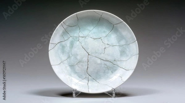 Fototapeta Paper thin porcelain plate standing on edge, with light fractal cracks and glowing rim, fragile elegance scene