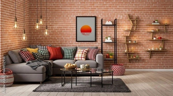 Fototapeta Cozy living room interior with a gray sectional sofa and brick wall.