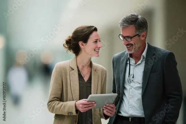Fototapeta medical representative engaging with client while holding tablet creating professional atmosphere