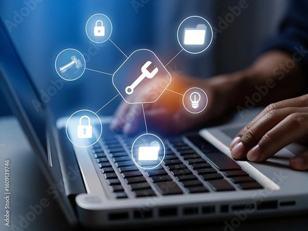 Fototapeta A persons hand operates a laptop, with digital icons representing tools, security, and data management