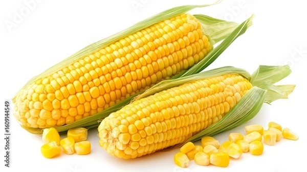 Obraz Ripe Yellow Sweet Corn Ears Kernels Isolated White Background