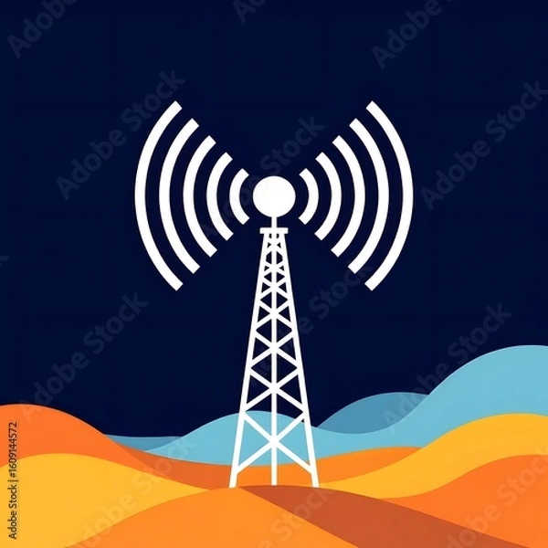 Fototapeta White Communication Tower with Signal Waves Over Colorful Landscape