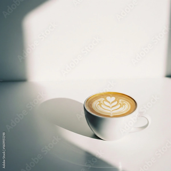 Fototapeta Minimalist studio photograph of a cup of coffee with latte art, isolated on a bright white background with copy space