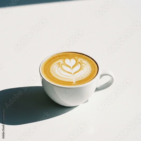 Fototapeta Minimalist studio photograph of a cup of coffee with latte art, isolated on a bright white background with copy space