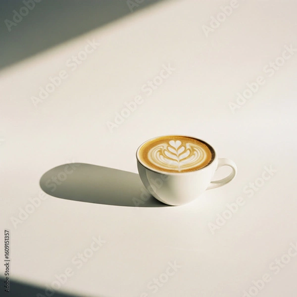 Fototapeta Minimalist studio photograph of a cup of coffee with latte art, isolated on a bright white background with copy space