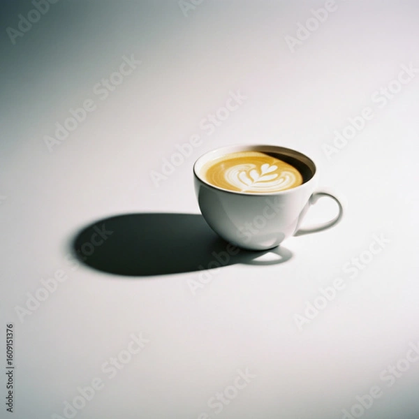 Fototapeta Minimalist studio photograph of a cup of coffee with latte art, isolated on a bright white background with copy space