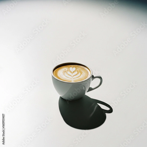Fototapeta Minimalist studio photograph of a cup of coffee with latte art, isolated on a bright white background with copy space