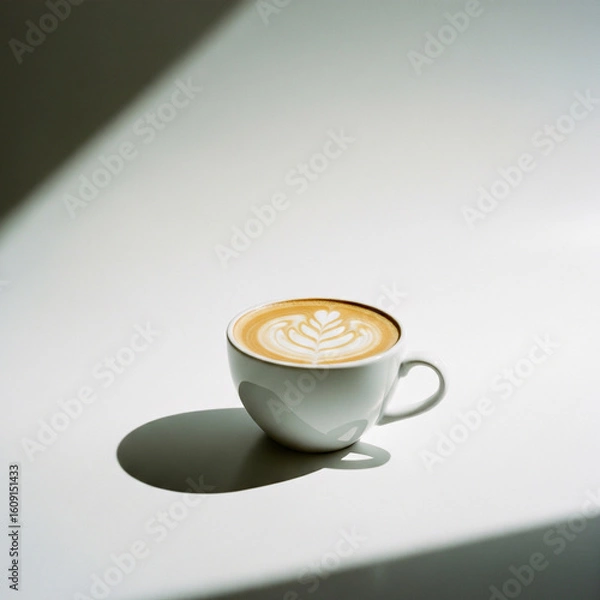 Fototapeta Minimalist studio photograph of a cup of coffee with latte art, isolated on a bright white background with copy space